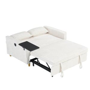English Elm The pull-out and push-in corduroy sofa with convertible bed, movable tabletop and built-in USB ports Beige W3371P316015