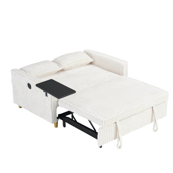 English Elm The pull-out and push-in corduroy sofa with convertible bed, movable tabletop and built-in USB ports Beige W3371P316015
