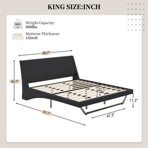 English Elm Queen Pu Leather Platform Bed Sculptural Wave Base Floating Silhouette Modern Bedroom Black N761S0000032B
