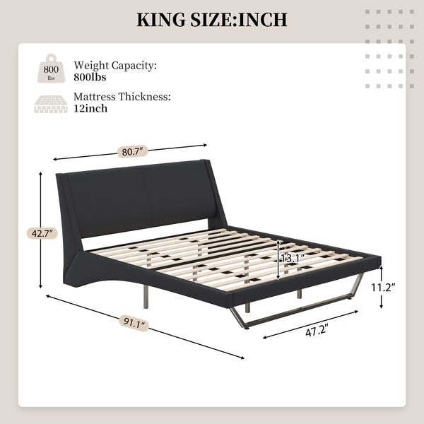 English Elm Queen Pu Leather Platform Bed Sculptural Wave Base Floating Silhouette Modern Bedroom Black N761S0000032B