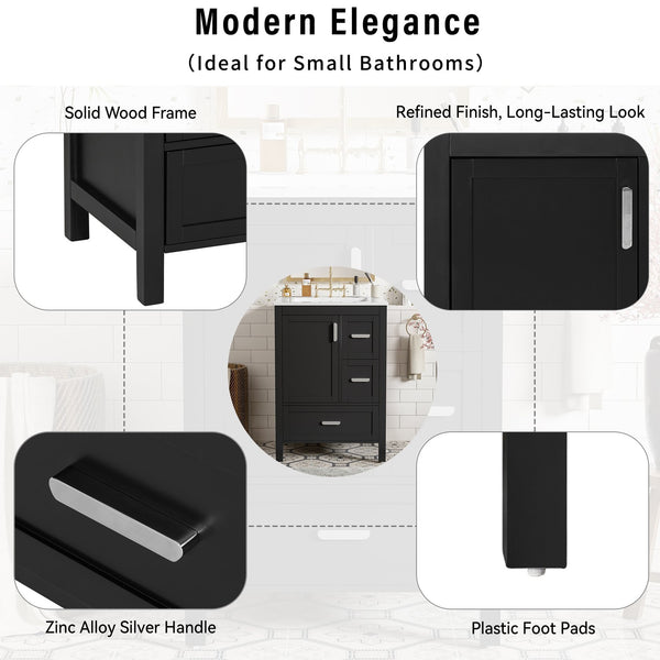 English Elm Modern 24 Inch Bathroom Vanity Solid Wood Cabinet with Ceramic Sink and Soft Close Storage Black N729P292859B