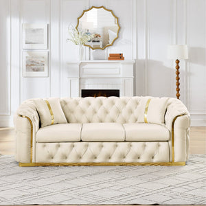 English Elm 2pcs Italian Velvet Chesterfield Sofa Set Tufted Three Seater with Gold Steel Legs Beige W1191S00044