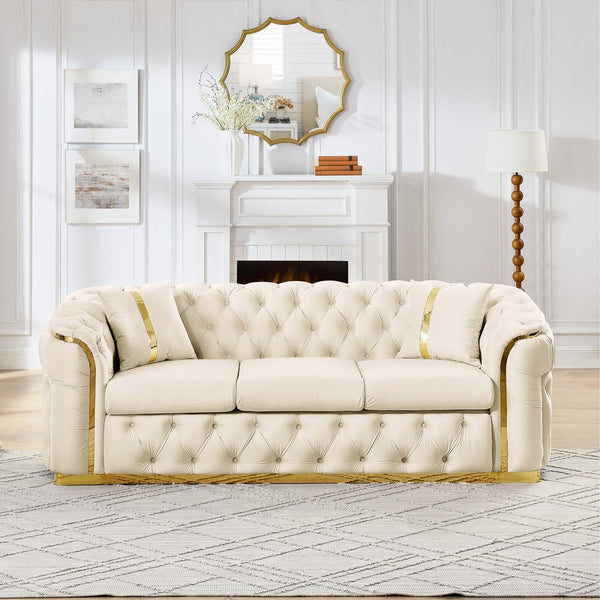 English Elm 2pcs Italian Velvet Chesterfield Sofa Set Tufted Three Seater with Gold Steel Legs Beige W1191S00044
