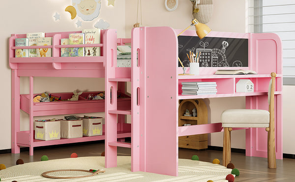 English Elm Twin Low Loft Bed Solid Pine Frame Kids Study Desk Blackboard Storage White Pink W1580S00300