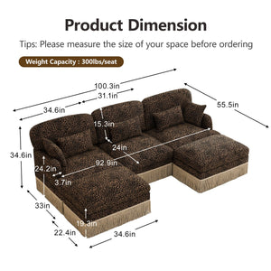 English Elm 100"comfy Chenille Leopard Print U-shaped Sectional with Tassel Trim and Modular Ottomans Brown W5656S00015