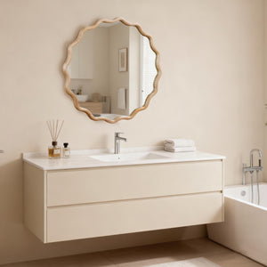 English Elm Natural Wood 30in Wavy Round Solid Wood Frame Decorative Mirror – Rustic Elegant Boho Vanity Accent W2203P389072