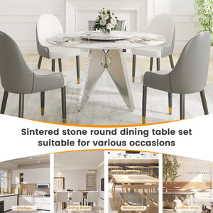 English Elm 53" Round Marble Dining Table With Silver Stainless Steel Base And Lazy Susan For 6 People, White W1535S00462