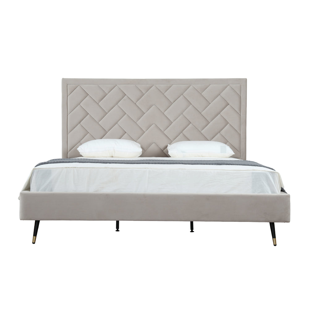 English Elm Crosby Upholstered King Bed In Luxurious Greige Velvet With Chevron Stitch And No Box Spring Needed B365S00034