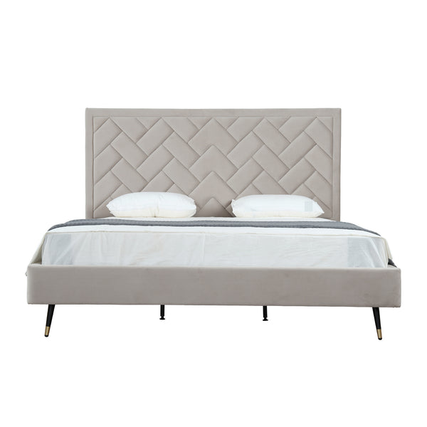 English Elm Crosby Upholstered King Bed In Luxurious Greige Velvet With Chevron Stitch And No Box Spring Needed B365S00034
