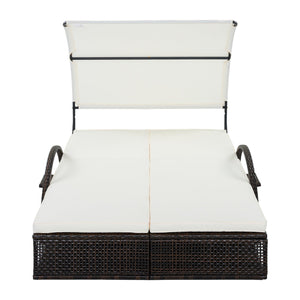 English Elm U_style Outdoor Double Sun Lounger Hdpe Wicker Steel Frame with Canopy Pop up Tables Beige WY000485AAA
