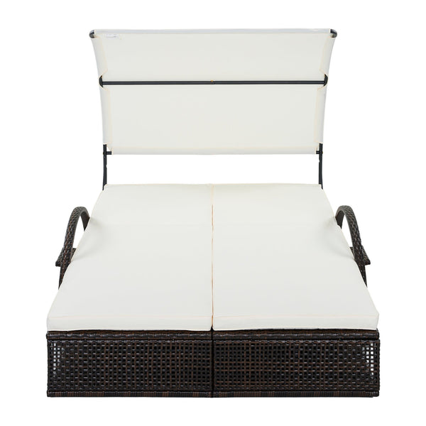 English Elm U_style Outdoor Double Sun Lounger Hdpe Wicker Steel Frame with Canopy Pop up Tables Beige WY000485AAA