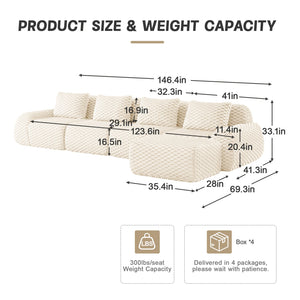 English Elm 146" Modular L-shaped Sectional Flannelette Sofa with Ottoman Tool-free Living Room Setup Cream W714S01522