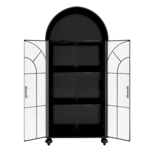 English Elm Modern Arched Storage Cabinet Antique Black Steel & Tempered Glass Doors Industrial Farmhouse Display W3122P272652