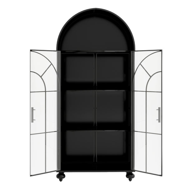 English Elm Modern Arched Storage Cabinet Antique Black Steel & Tempered Glass Doors Industrial Farmhouse Display W3122P272652