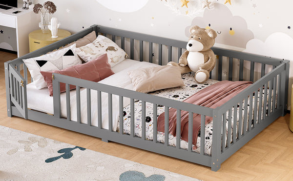 English Elm Full Floor Bed with Safety Guardrails and Play Door for Kids, Low Profile Pine Frame, 550lb Capacity Gray W1580P338951