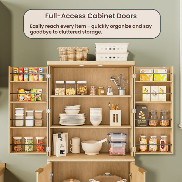 English Elm 72" Fluted Pantry Cabinet Tall Freestanding Kitchen Organizer with Sculpted Wood Doors Oak W1820P379274