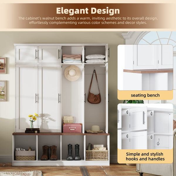 English Elm Farmhouse Hall Tree with Triple Arch Back Panel Eight Hooks Drawers and Entryway Bench White N721S000059K-1