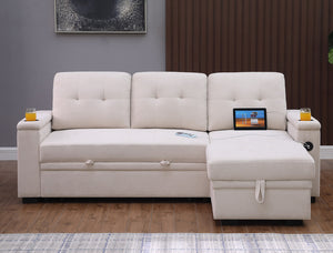 English Elm Aurora Woven Fabric Sleeper Sectional Sofa with Reversible Chaise and Built-in Storage Beige B2749S00228