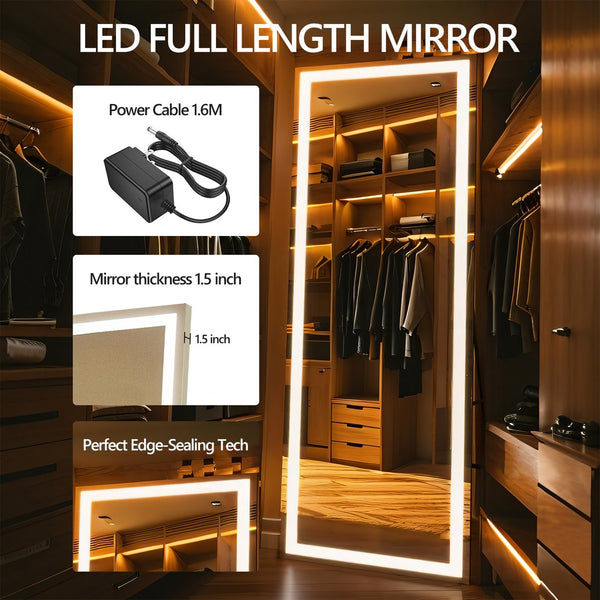English Elm 71x24 Inch LED Floor Mirror with 180 LEDs, Dimmable 3-Temp Light, Shatterproof Tempered Glass Frame, Black T3757P347069