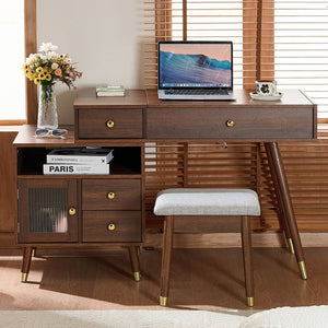 English Elm 3-in-1 Vanity Desk with LED Flip Mirror, Compact Makeup/Dressing Table with Storage Drawers & Stool Walnut N844P291656W