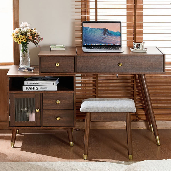 English Elm 3-in-1 Vanity Desk with LED Flip Mirror, Compact Makeup/Dressing Table with Storage Drawers & Stool Walnut N844P291656W