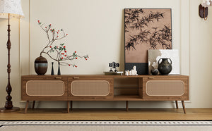 English Elm 78" Rattan TV Stand for 75-85" TVs with Glass Shelves, Solid Wood Legs, Soft-Close Doors, Walnut Finish N710P298238P