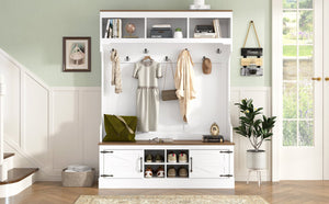 English Elm Vibe Haus Farmhouse Hall Tree with Bench Shoe Storage Hooks and Open Cubbies N724P380402K