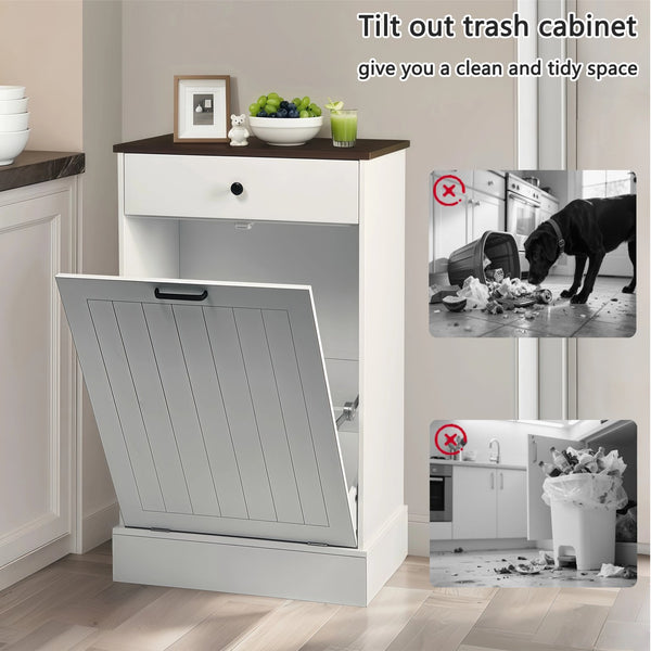 English Elm Tilt Out Trash Can Cabinet 10 Gal Hidden Tilt Design with 2 Drawers Farmhouse MDF Organizer White W3204P364054