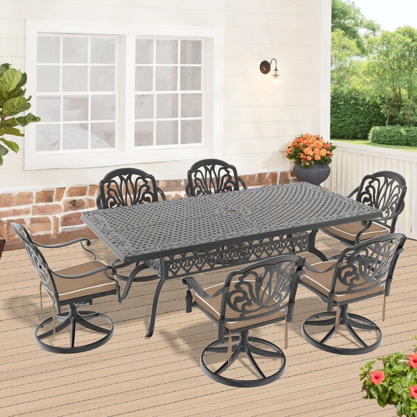 English Elm 7-Piece All-Weather Cast Aluminum Dining Set With 6 Swivel Chairs And Cushions For Outdoor Comfort W1710S00473