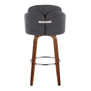 English Elm Fixed-height Mid-century Barstools with Walnut Legs and Grey Upholstered Seats Set B202S01900
