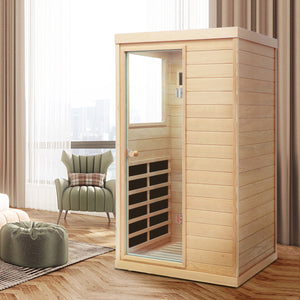 English Elm Hemlock Wood Single Person Far Infrared Sauna with Bluetooth Speaker and Glass Door W632S00007