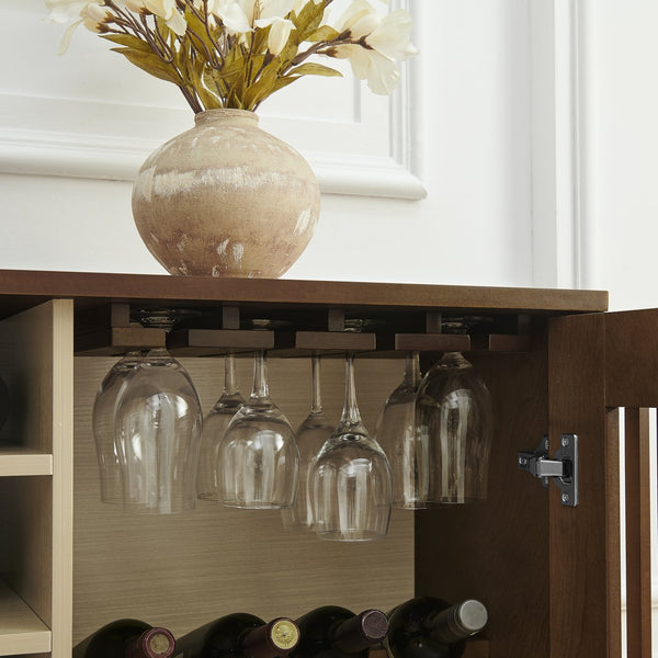 English Elm Mid Century Fluted Buffet Sideboard with Integrated Wine Rack and Glass Holder Storage Walnut W1801P454196