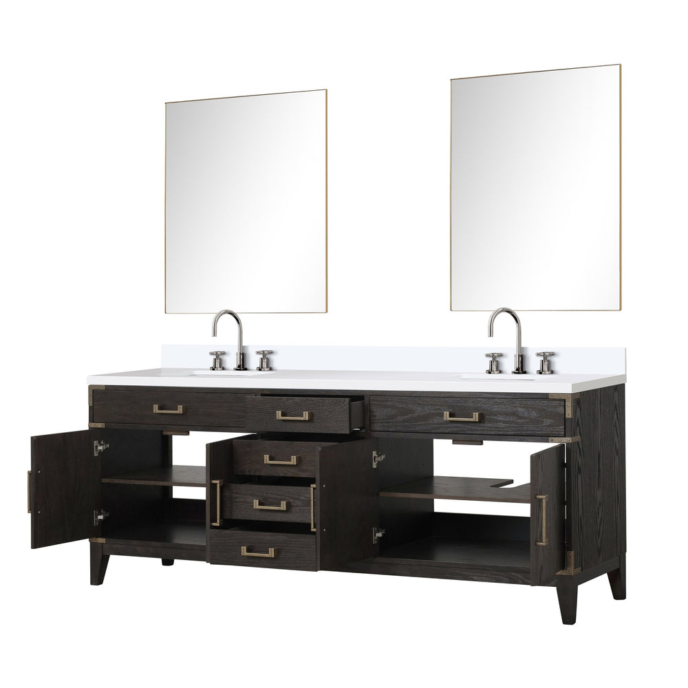 English Elm Brown Oak Double Bath Vanity Set With White Quartz Top, Chrome Faucets & 36" Mirrors For Elegance B2731S01879