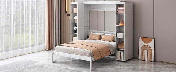 English Elm Queen Murphy Wall Bed with Hydraulic Lift and Push Pull Cabinet Storage Unit White LP000381AAK