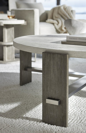Bernhardt Bernhardt Foundations Cocktail Table With Two-Tone Cerused Acacia, Brushed Steel Accents, Soft-Close Drawers And Rustic Modern Flair Linen 49"W x 49"D x 17"H 306015