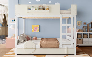 English Elm Queen Bunk Bed with Trundle Solid Pine Kids Car Themed Frame Built-in Bookshelf Beige+White W1580S00446
