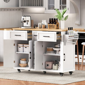 English Elm K&K 56.5" Kitchen Island with Drop Leaf, Embossed Vertical Stripe Barn Doors, Wheels & Charging Hub White N707P263094W