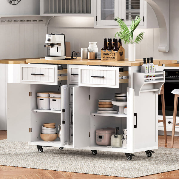 English Elm K&K 56.5" Kitchen Island with Drop Leaf, Embossed Vertical Stripe Barn Doors, Wheels & Charging Hub White N707P263094W