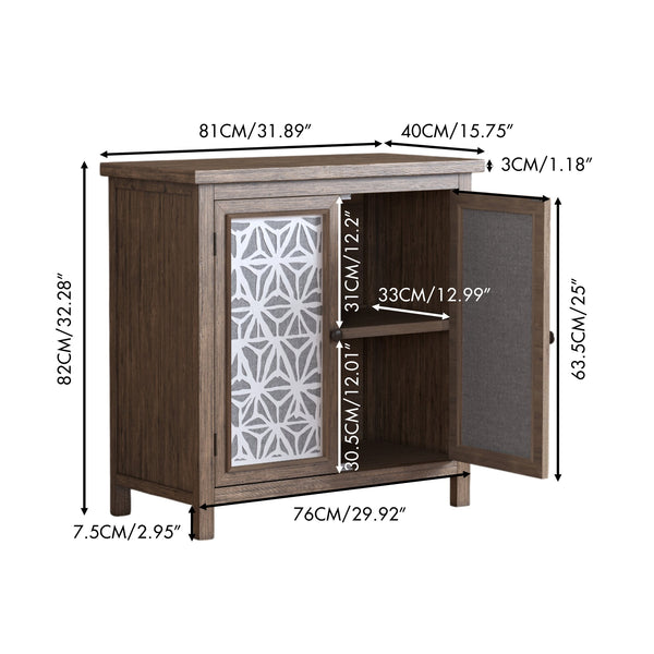 English Elm Rustic Vintage Wood Storage Cabinet with Metal Frame & Linen Doors, Dustproof Geometric Design, Easy Assembly W808P245584