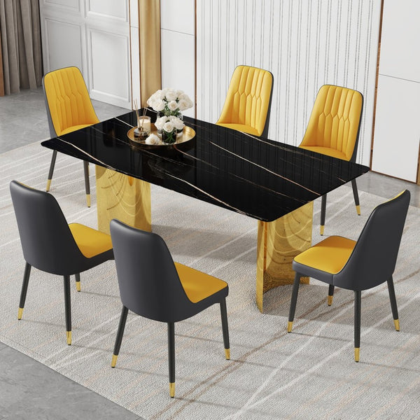 English Elm Table With Glass Top & Gold Stainless Steel Legs, 6 Orange & Dark Gray Pu Dining Chairs Set W1151S04340-GIGA