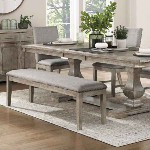 English Elm Traditional Linen Upholstered Dining Bench Oak Veneer Legs Nailhead Trim Neutral Gray B011P439069