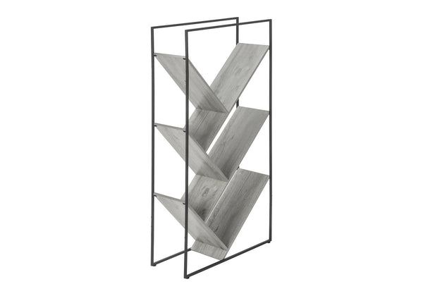 English Elm Bookshelf, 5-Tier Slanted Etagere with V-Shaped Open Shelves, Slim Black Metal Frame, 60" H Grey 39 L x 13 W x 7 H B2710P218980
