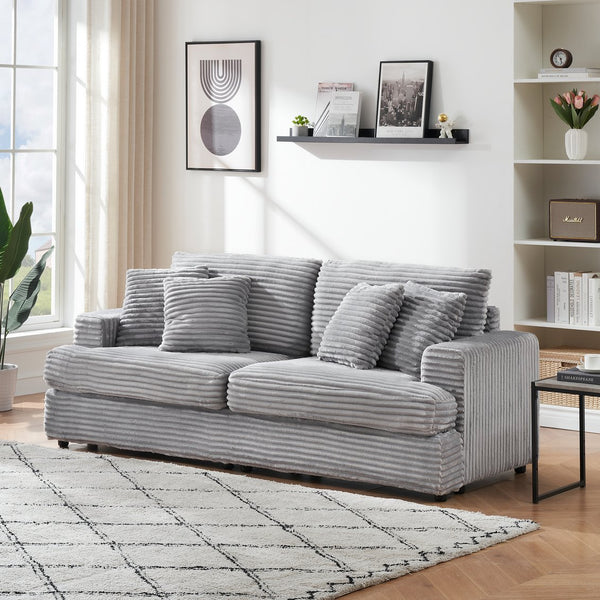 English Elm 79.3 Inch Gray Corduroy Three Seat Sofa with Toss Pillows for Modern Living Rooms W1658P200002
