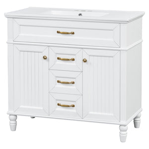 English Elm 36" Freestanding Single Sink Bathroom Vanity Rubberwood Cabinet with Matching Mirror White N725S314034K