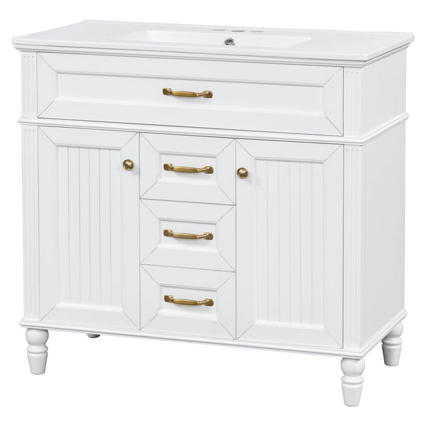 English Elm 36" Freestanding Single Sink Bathroom Vanity Rubberwood Cabinet with Matching Mirror White N725S314034K
