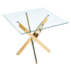 English Elm Dining Table Square Tempered Glass Top Cross Metal Base Modern Space Saving Design W234P235264