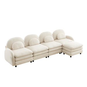 English Elm Teddy Fleece Curved Modular Sectional Sofa with Ottoman Four Seat Cloud Comfort Beige White W5656S00087
