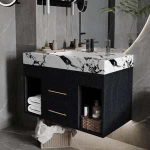 English Elm 29.9" Floating Bathroom Vanity Sintered Stone Top Soft Close Drawers Bronze Gold Hardware Black,Black White W3136S00036