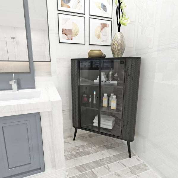 English Elm Modern 3-Tier Corner Storage Cabinet Antique Black Steel with Tempered Glass Doors, Space-Saving Organizer W3122P272936