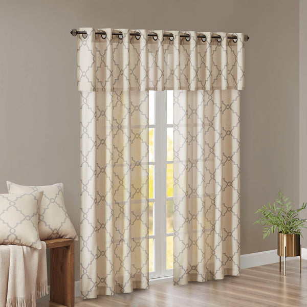 JLA Home Madison Park - Fretwork Metallic Fretwork Print Valance with Grommet Top — Textured Cotton-Blend Light Filter Beige/Grey MP41-2021